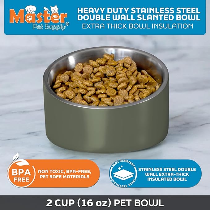 Master Pet Supply Stainless Steel Slanted Dog Cat Food Bowl - 16 oz Heavy Duty - Camo Patrol, Double Wall Insulated, Non-Slip Elevated Bowl for French Bulldogs Pugs Cats, Anti Rust Dishwasher Safe