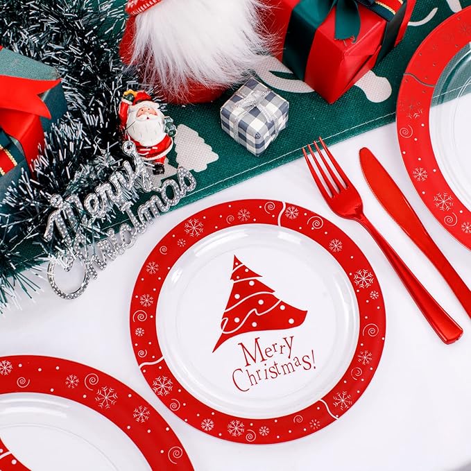 U-QE 60PCS Red and Clear Plastic Plates - Disposable Christmas Plastic Plates for 30 Guests Include 30 Dinner Plates 10.25’’ & 30 Dessert Plates 7.5’’, Premium Party Supplies for Christmas Theme Party