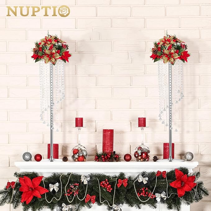 Nuptio 2 Pcs 35.4inch Tall Wedding Centerpieces Silver Vases Crystal Flower Vase Metal Flowers Stand for Party Tables Decorations - Elegant Bulk Weddings Decoration Table Chandelier Centerpiece stands