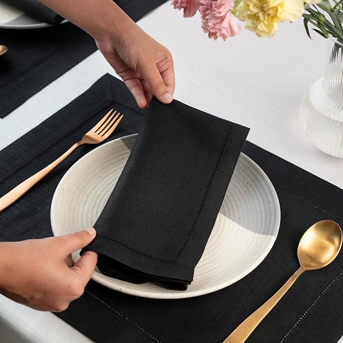 D'Moksha Homes Black Linen Napkins Set of 8 - Classic Hemstitch 100% Pure Linen Hemstitch Dinner Napkins 20 x 20 Inch for Spring, Easter - Handcrafted and Machine Washable