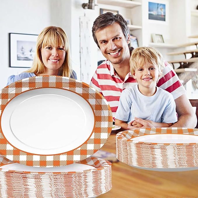 50pcs Fall Gingham Oval Paper Plates 10" x 12" Large Disposable Heavy Duty Orange & White Buffalo Checked Plaid Platters Thanksgiving Dessert Plates for Fall Harvest Themed Party Supplies Table Decor