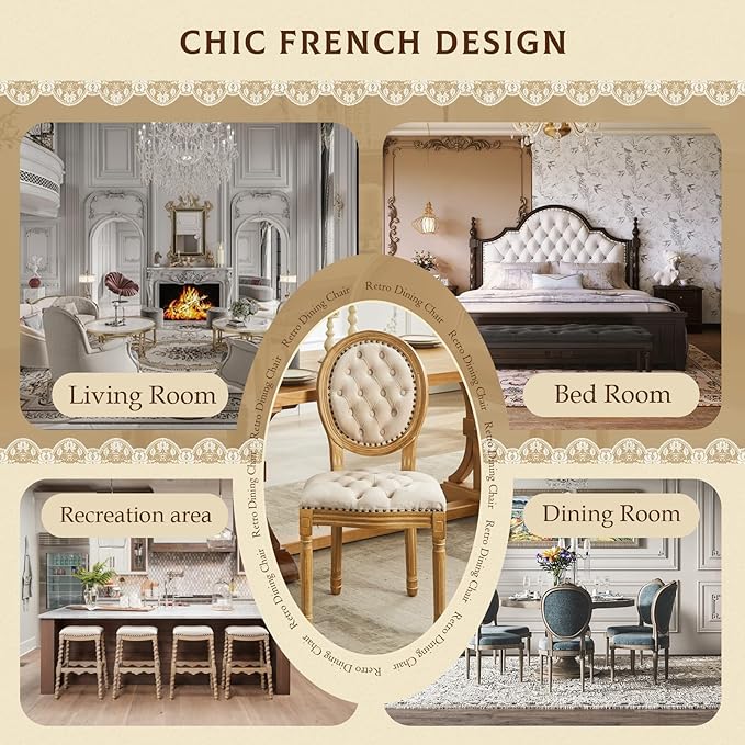 SoarFlash French Dining Chairs Set of 2, Vantage Dining Chair with Round Back, Wood Leg Farmhouse Country Velvet Dining Chair for Kitchen,Bedroom,Beige