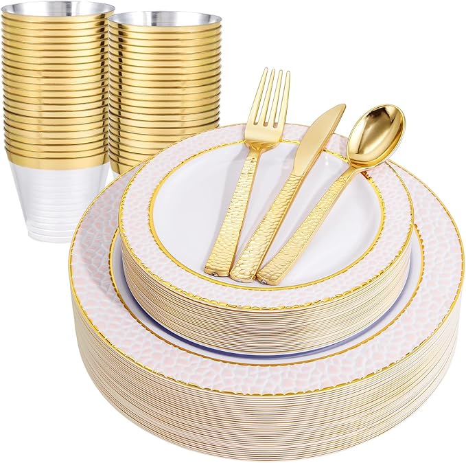 Ciaell 150PCS Pink Plastic Plates – Disposable Pink and Gold Plates Set include 50Plates, 25Forks, 25Knives, 25Spoons, 25Cups for Wedding & Party & Valentine's Day