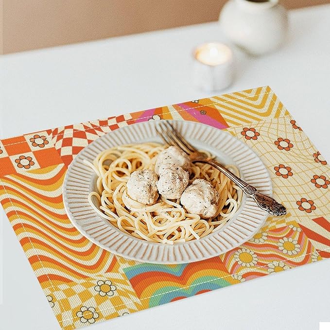 60S 70S Hippie Flower Placemats，Groovy Floral Table Mats for Kitchen Table Boho Vintage Flowers Groovy Aesthetic Placemats for Kids Girls Teens 18"x12" 6 PCS