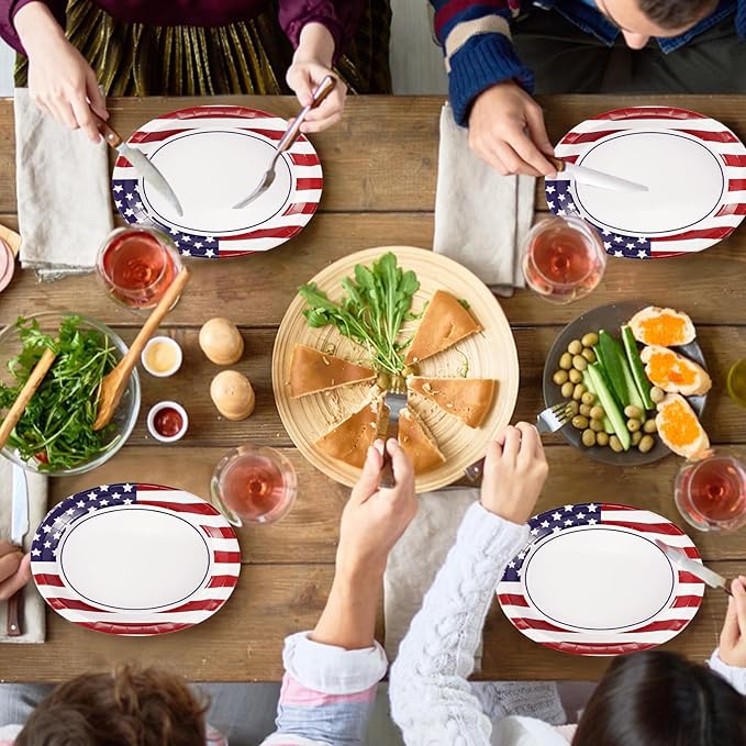 50Pcs Patriotic Oval Paper Plates 10" X 12" Large Heavy Duty American Flag Red Blue and White Plates 4th/Fourth of July Dessert Platters for President Election Memorial Independence Day Supplies