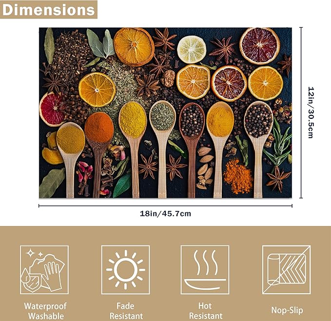 Placemats, Colorful Spices Placemats 12x18 Inch Waterproof Non-Slip Washable Table Mats for Kitchen Dining Party Table Decor,Set of 6
