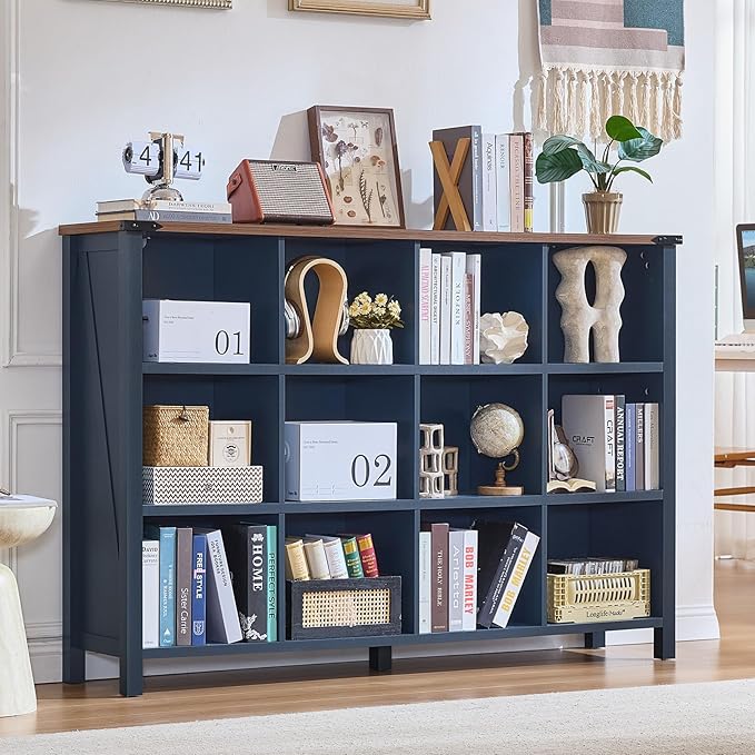 12 Cube Storage Organizer, Farmhouse 62 Inch Wide Navy Blue Display Bookshelf, Wooden 3 Tier Large Open Book Shelf, Vintage Bookcase for Home Office, Cubby Cabinet for Living Room, Bedroom