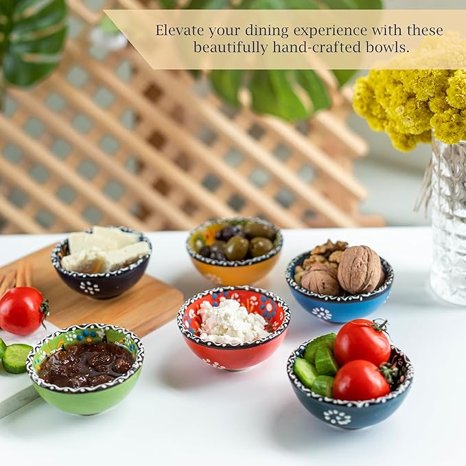 Ceramic Small Dipping Bowls Set of 6, 3.5 Oz Soy Sauce Dish, Handmade Charcuterie, Colorful Pinch, Dishwasher & Microwave Safe, 3.2'' Mini (SULTAN'S GARDEN)