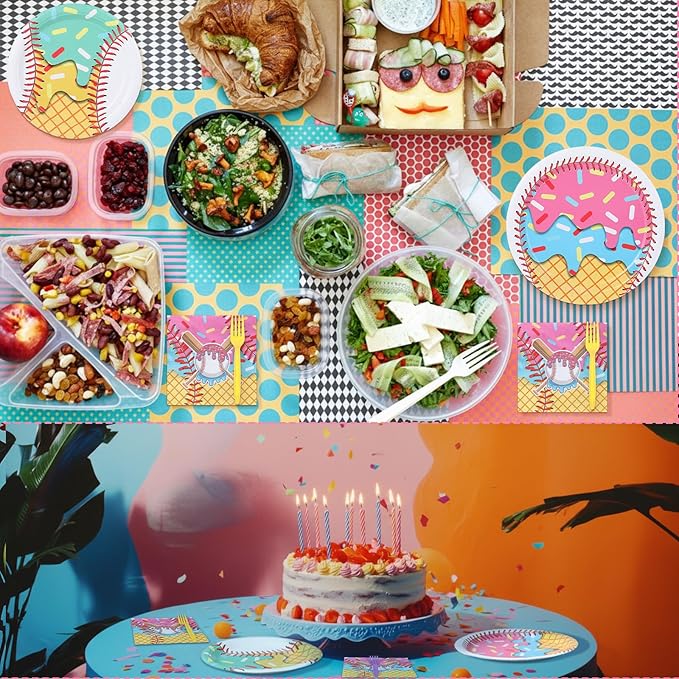 Yungyan 24 Sets Ice Cream Drip Baseball Party Supplies Disposable Ice-cream Drip Baseball Paper Plates and Napkins Forks Summer Sports Party Baby Shower Decoration Tableware Set Dinnerware for Women