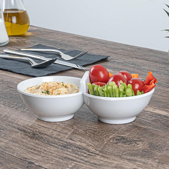 Restaurantware Voga 8.5 Ounce Divided Serving Dishes 10 Round Condiment Serving Dishes - 2 Compartments Serve Appetizers Snacks Dips Or Dressings White Melamine 2 Compartment Dishes