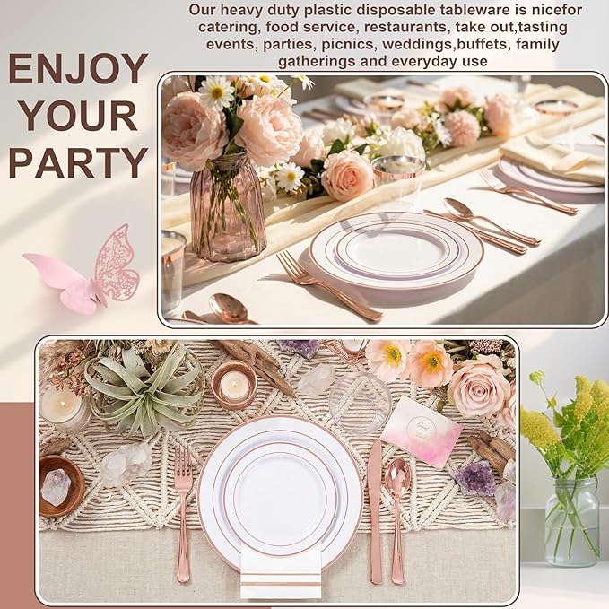GATHER 350PCS Rose Gold Plastic Plates - Disposable Rose Gold Dinnerware Sets Includes 100 Gold Rimmed Plastic Plates, 150 Silverware, 50 Napkins, 50 Cups for Party, Wedding, Valentine's Day