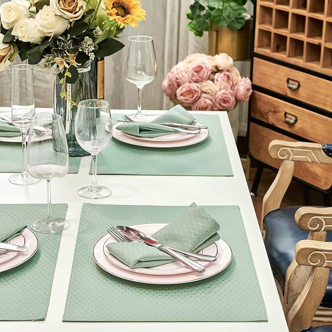 Place Mats Set of 8 – Rectangle Rectangular Waterproof Fabric Polyester Cloth Washable Wipeable Heat Resistant Placemats for Kitchen Dining Dinner Table Indoor 13 x 19 Inch Sage Green