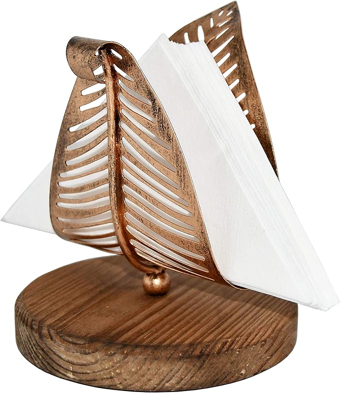 OwlGift Freestanding Modern Napkin Holder w/Bronze Metal Leaf & Brown Wooden Base Design, Tabletop Tissue Dispenser, Napkin Storage Organizer