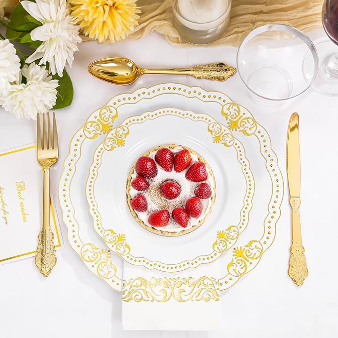 Ciaell 175 PCS White and Gold Plastic Plates - Fancy Gold Disposable Dinnerware Set with of 50 Plastic Plates, 25 Knives, 25 Forks, 25 Spoons, 25 Cups, 25 Napkins for Wedding, Party