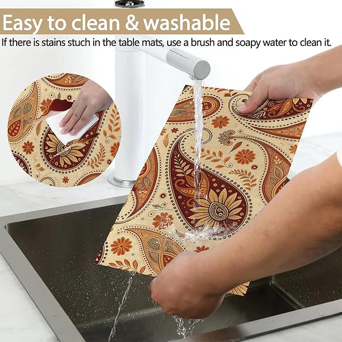 Placemats, Indian Vintage Paisley Pattern Brown Placemats 12x18 Inch Waterproof Non-Slip Washable Table Mats for Kitchen Dining Party Table Decor,Set of 6