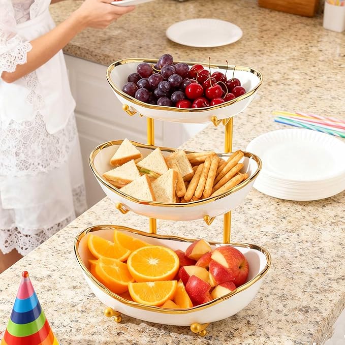 jessie 3 Tier Fruit Bowls for Kitchen Counter,Ceramic Large Fruit Basket Stand,Metal Fruit Serving Tray Snacks Nuts Cake Storage Holder (Gold 1)