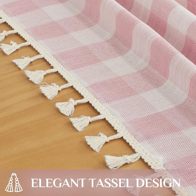 Softalker Valentines Pink Gingham Tablecloth Rectangle, Outdoor Linen Cotton Checkered Table Cloth with Tassel, Heavy Duty Wrinkle Free Plaid Table Cover for Easter Dining Spring Party - 55 x 84 Inch