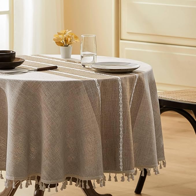 ZeeMart Contrast Linen Round Tablecloth 60 Inch Brown, Farmhouse Style Round Table Cloth Heavy Weight Beige Tablecloths, Water Resistant Burlap Table Cloths