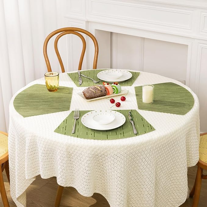 SHACOS Small Round Table Placemats Set of 5 Woven Vinyl Wedge Placemats with Centerpiece Round Table Mats Heat Resistant Wipe Clean (5, Green)