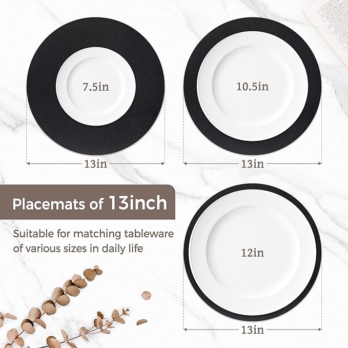 13" Round Placemats Set of 6, Reversible Faux Leather Heat Resistant Table Mats, 100% Waterproof Oilproof Wipeable Table Protective Placemats for Vinyl, Washable for Indoor (6, Black)