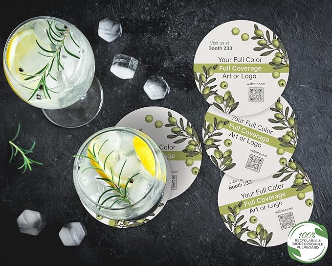 B.E. Green Custom Coasters - Pulpboard Personalized Coasters for Drinks - Full Color Print - Reusable & Absorbent - Beverage Coaster - Promo Events & Celebrations - Pack of 50-4" Round Full Coverage