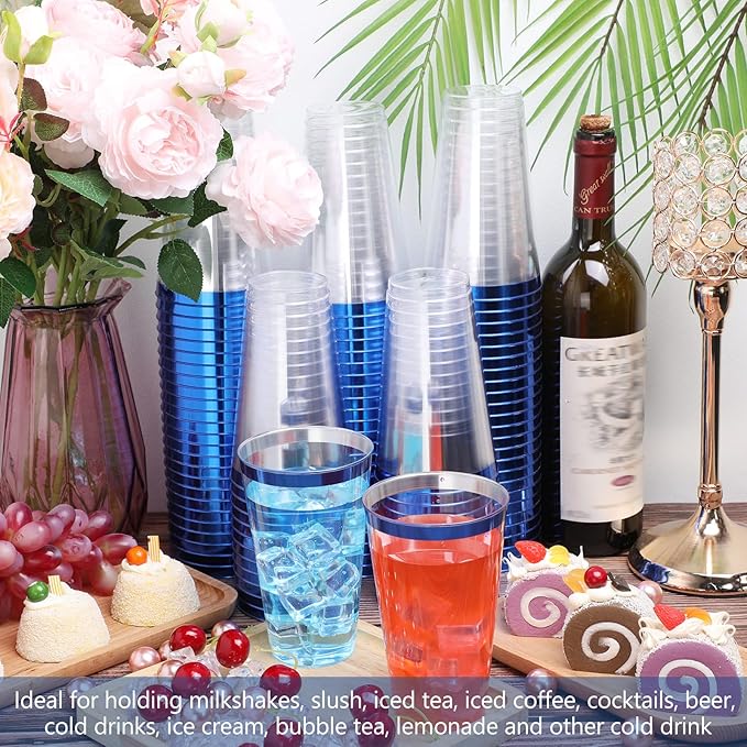 Patelai 100 Pcs 16oz Plastic Cups Disposable Rimmed Cups Heavy Duty Drinking Wine Glasses for Christmas Winter Birthday Beer Taste Serving Snack Sample Tastings Barbecues Picnic(Blue)