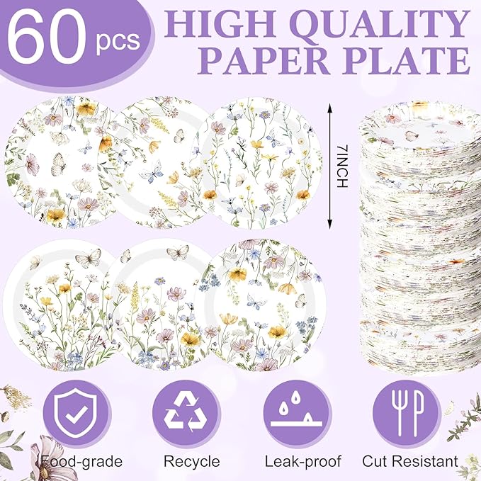 60 Pcs 7 Inch Floral Party Plates Wildflower Paper Plates Spring Summer Disposable Dinnerware Decoration for Tea Party Dinner Birthday Baby Shower Bridal Wedding Supplies
