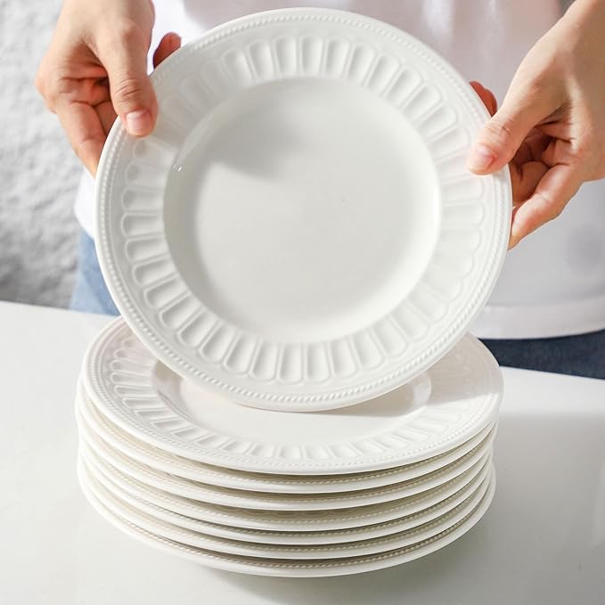 Neaylfe 8-Piece Ceramic Dessert Salad Plates, 8 Inch, Embossed Small Dinner Plates, Kitchen Porcelain Dish Ceramic Flat Plates for Appetizer, Pancakes, Dishwasher & Microwave Safe