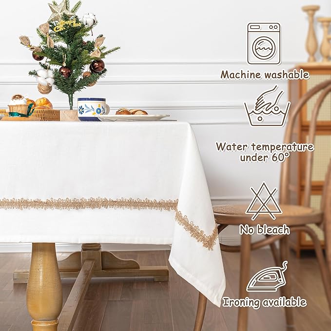 MYSKY HOME Rectangular Table Cloth, 55"X102", Waterproof, Soft Cotton Indoor/Outdoor, Wrinkle Free, Heavy Duty, Floral Pattern, Rustic/Farmhouse Style, Tassel Embellishment, Fits 8-10 Seats