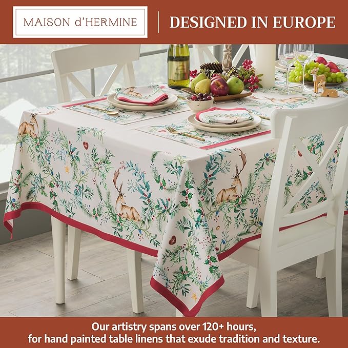 Maison d' Hermine Table Cloth Rectangle Table 100% Cotton 60 x 108 Inches Fall Tablecloth Reusable Everyday Use for Thanksgiving Christmas Decorations Dining Farmhouse Party (Holly Time)