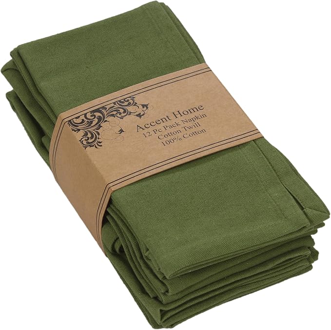 ACCENTHOME Accent Home 100% Cotton Napkins, Delicate Cloth Napkins for Dinners, Parties and Weddings，18 x 18 Inch Set of 12 - Olive Green