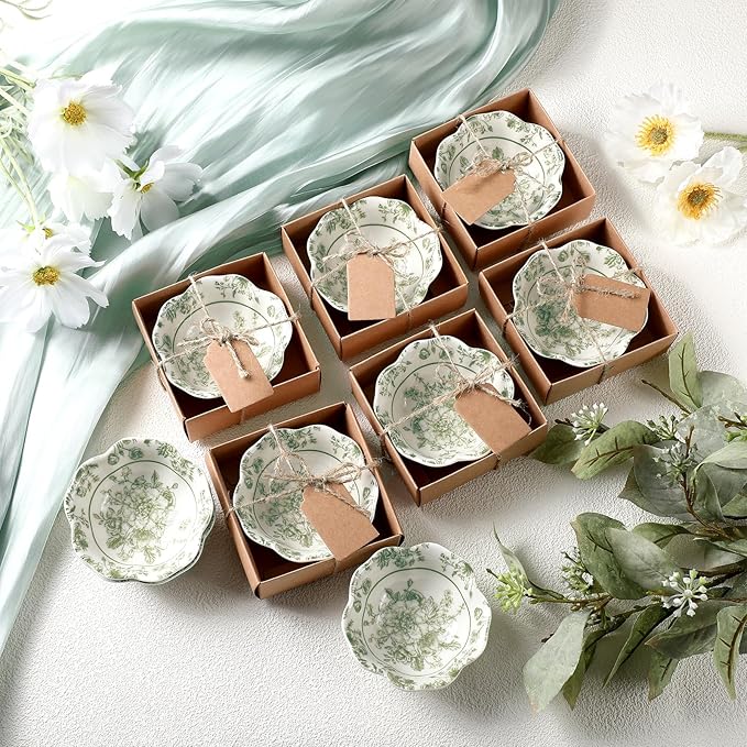 12 Pcs Wedding Favors for Guests Small Ceramic Bowl Bulk Gifts Set 3.3 Inch Floral Design Mini Dipping Sauce Dish with Card Box for Bridal Pooja Baby Shower Birthday Guest Gift (Sage Green)