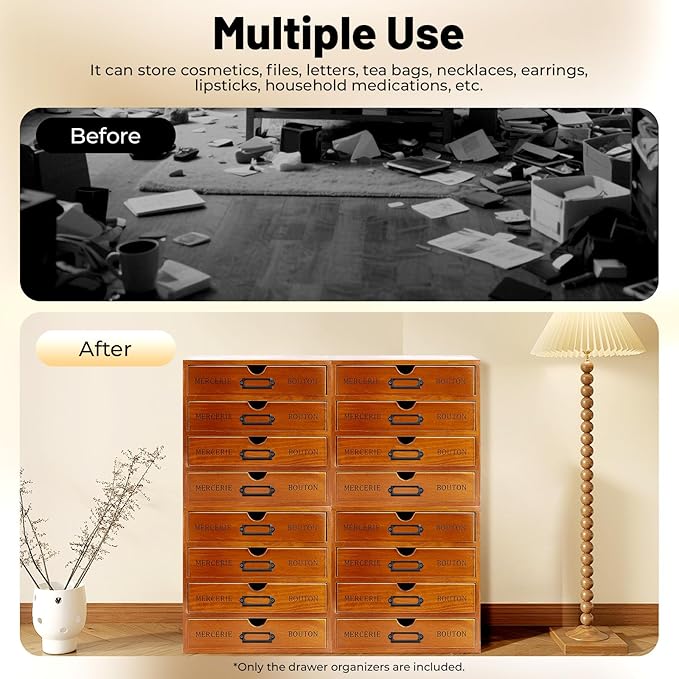 4PCS Stackable Wooden Desk Organizer with Total 16 Drawers, Apothecary Cabinet Library Card Catalog Cabinet Tabletop Vintage Apothecary Chests Cabinets Herb Storage Box with Drawers
