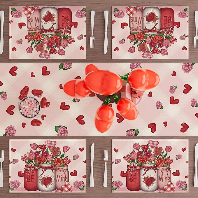 XCHI Roses Flowers Love Hearts Vase Valentine’s Day Placemats Set of 6 Table Mats for Party Home Kitchen Dining Table Decorations 12x18 Inch