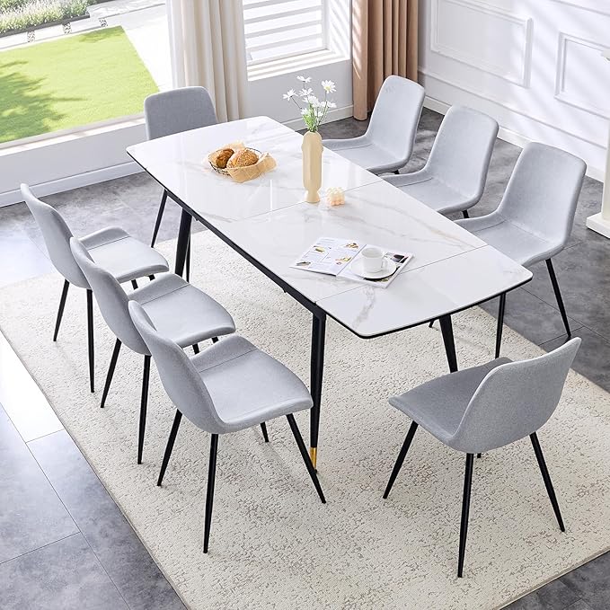 Extendable Dining Table Set for 8, 55'' to 78.8'' Rectangular Thickened Sintered Stone Kitchen Table with 8 Upholstered Chairs, Modern Space Saving 9-Piece Dinner Table Set