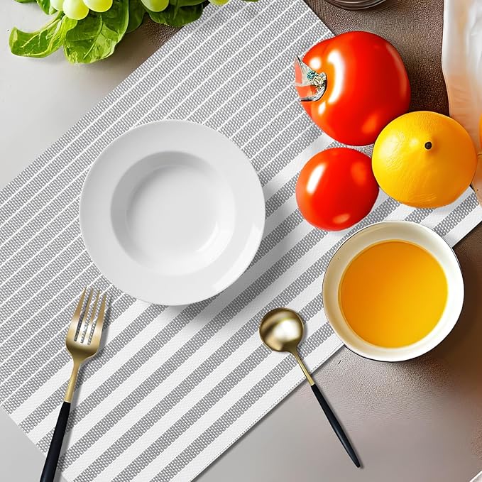 Placemats Set of 4 Vinyl Washable Grey Placemats, 18"x12" Wipeable Heat-Resistant Non-Slip Easy Clean Table Mats Ideal for Dining Table Table Runner and Outdoor (4, Grey Stripe)