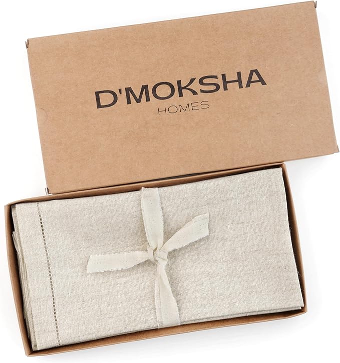 D'Moksha Homes Light Natural Linen Napkins Set of 4 - Classic Hemstitch 100% Pure Linen Hemstitch Dinner Napkins 20 x 20 Inch for Valentines, Spring, Easter - Handcrafted and Machine Washable