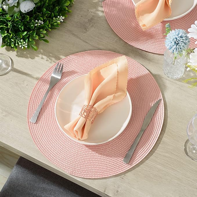 AHHFSMEI Round Braided Placemats 15 Inch Round Table Mats for Dining Tables Natural Woven Heat Resistant Place mats Set of 6 (Pink)