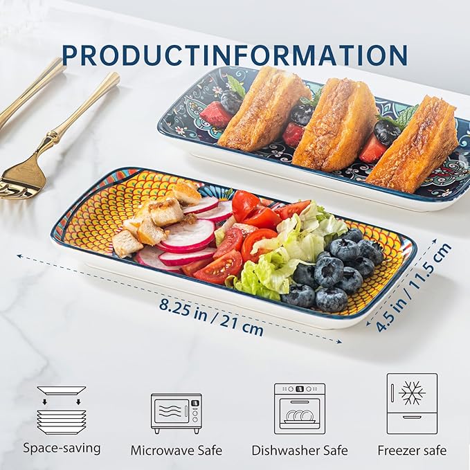 HENXFEN LEAD Ceramic Salad Plates 8 Inch – Rectangular Plates Set of 6 for Appetizer, Sushi & Dessert, Microwave & Dishwasher Safe
