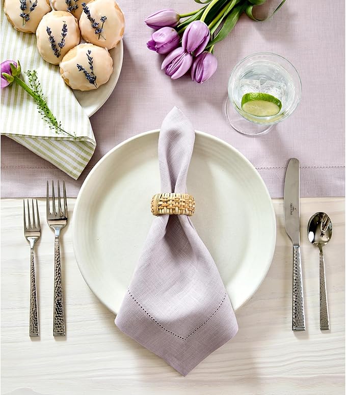 Solino Home Linen Napkins Set of 4 - Classic Hemstitch 100% Pure Linen Lilac Dinner Napkins Cloth 20 x 20 Inch for Valentines, Spring, Easter - Handcrafted and Machine Washable