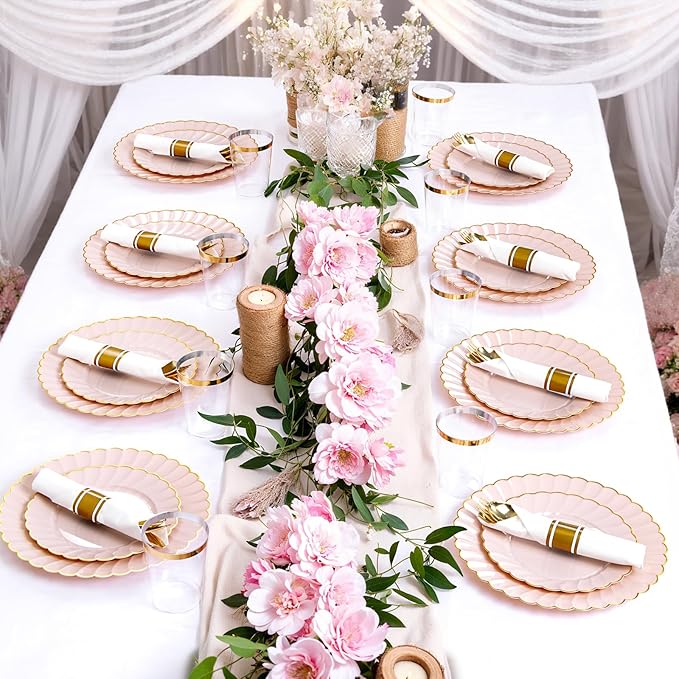 YOUBET 350PCS Pink Scalloped Plastic Plates - Pink and Gold Disposable Dinnerware Set Include 100 Plates, 150 Gold Silverware, 50 Cups, 50 Napkins for Wedding & Party Valentines Day