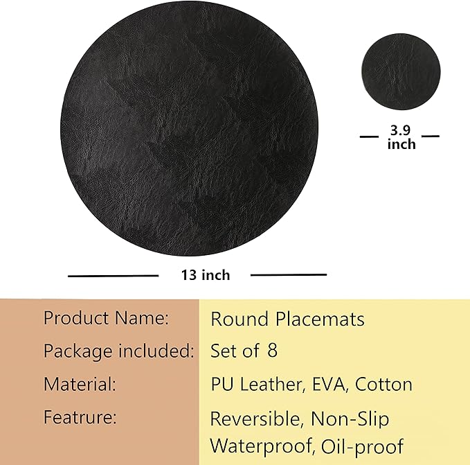 Set of 8 Round PU Leather Placemats, Waterproof Coffee Coasters, Kitchen Table Mats, Easy to Wipe Off for Dining Round Table