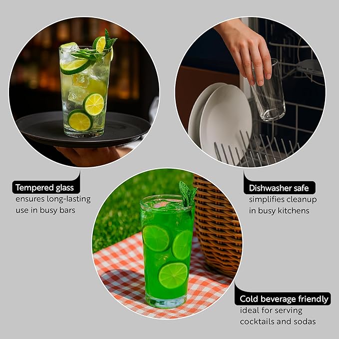 Restaurantware Sumi 19 Ounce Beverage Glasses Set of 6 Fine-Blown Large Drinking Glasses - Tempered Glass Water Glasses Water Juices Or Sodas For Restaurants or Homes