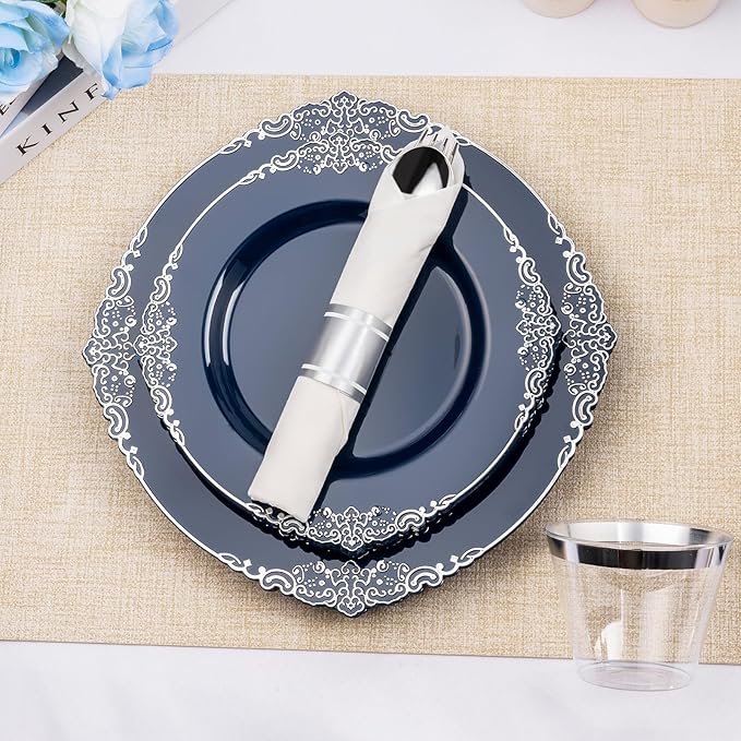 175PCS Navy Blue Plates for 25 Guests, Disposable Dinnerware Sets Include 50 Plastic Plates, 25 Silverwares, 25 Cups, and 25 Pre Rolled Napkins for Party, Wedding and Graduation