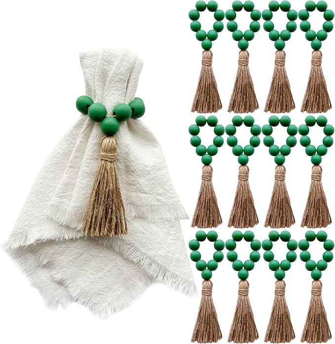 Napkin Rings Set of 12,Wooden Napkin Ring,Wood Bead Elastic Farmhouse Napkin Holder with Tassel,Boho Napkin Rings for Table Decor,Weeding,Dinner,Party (Green)