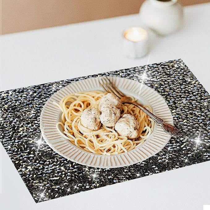 Black Square Placemats - Heat Resistant Mat Set of 4 with Rhinestone Decor and Sparkly Bling