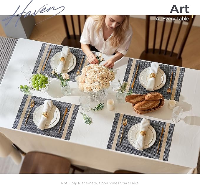 Leetaltree Luxury Dark Blue Placemats with Gold Stripes Placemats Set of 12 - Waterproof Washable for Wedding, Anniversary, Daily Use - Sparkling Table Decor - Hand-Cut