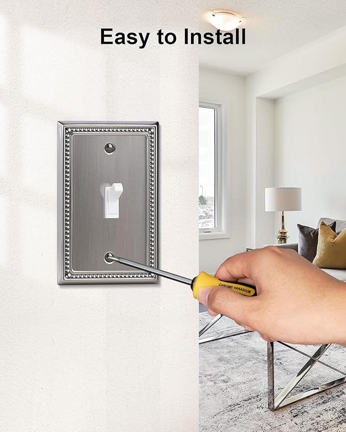 4-Pack Single Toggle Light Switch Cover Plate, Pearls Decorative Switch Plate Covers, Silver 1 Gang Metal Wall Plate, Corrosion Resistant