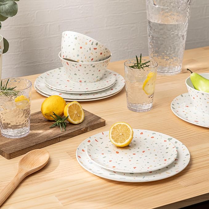Bzyoo 12-Piece Melamine Dinnerware Set - White Confetti | Lightweight, Durable, BPA-Free | Dishwasher Safe Dish Set for Indoor & Outdoor Use - Perfect for Camping, BBQs, Kids Parties
