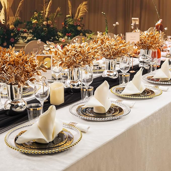 Hioasis 210pcs Black and gold Plates - Black Party Plates for 30 Guest, Include 60 Heavy-duty Plates(20% Thicker Than Standard), 30 Pre Rolled gold Plastic goldware Set, 30 Cups